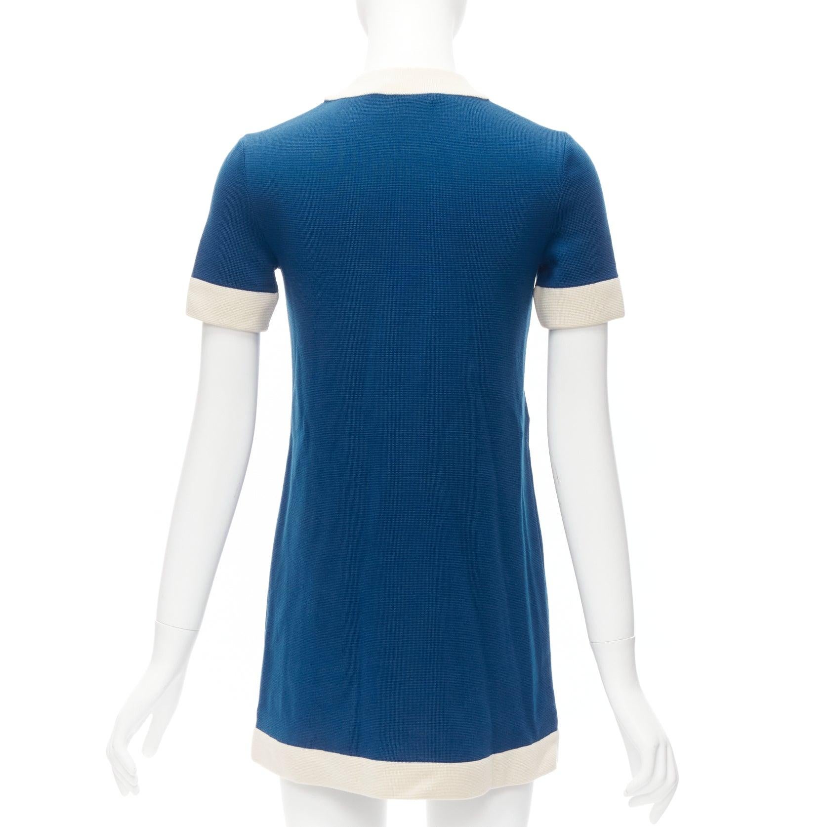 Women's GUCCI 2023 blue cream 100% wool GG logo embroidery pocket mod dress XXS For Sale