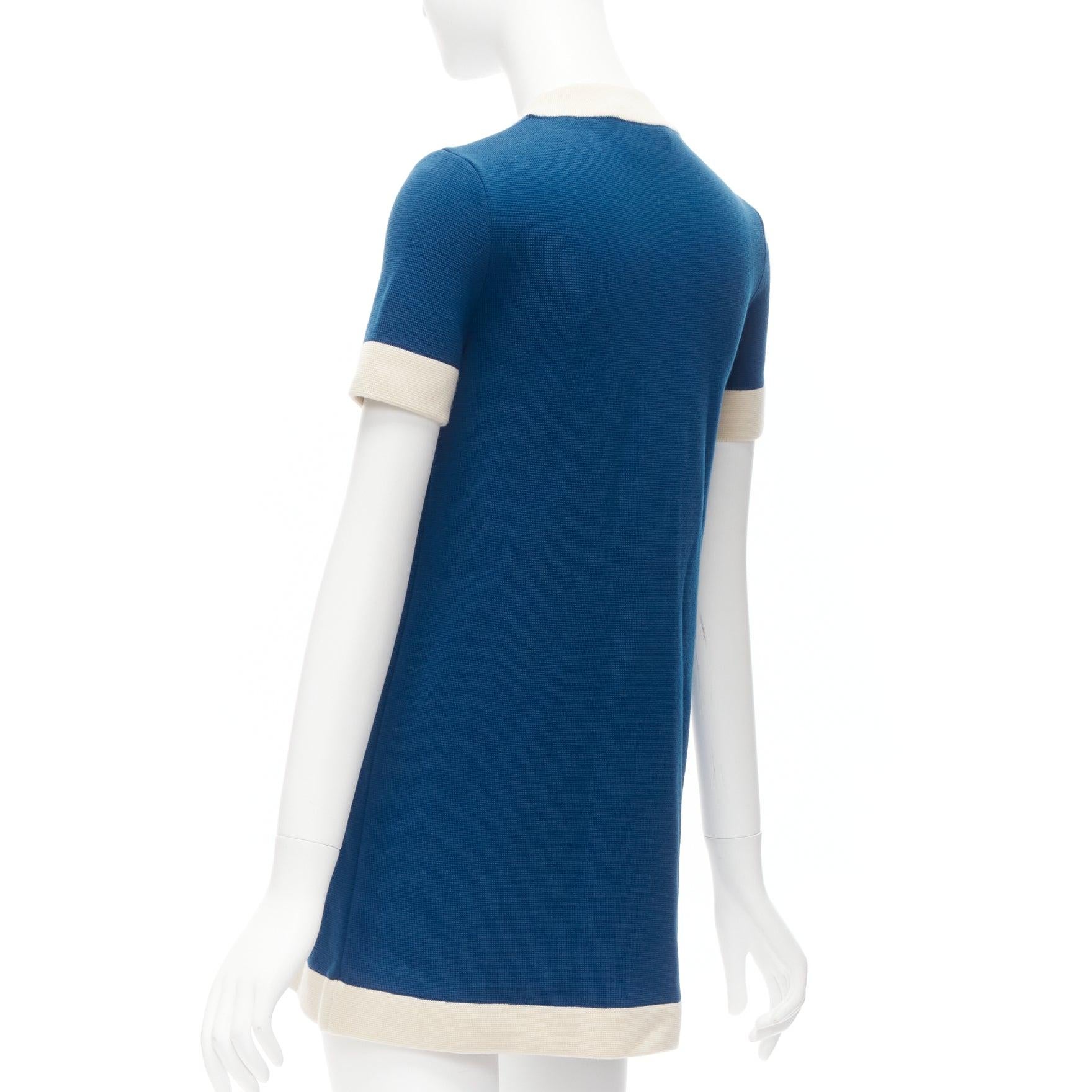 GUCCI 2023 blue cream 100% wool GG logo embroidery pocket mod dress XXS 1