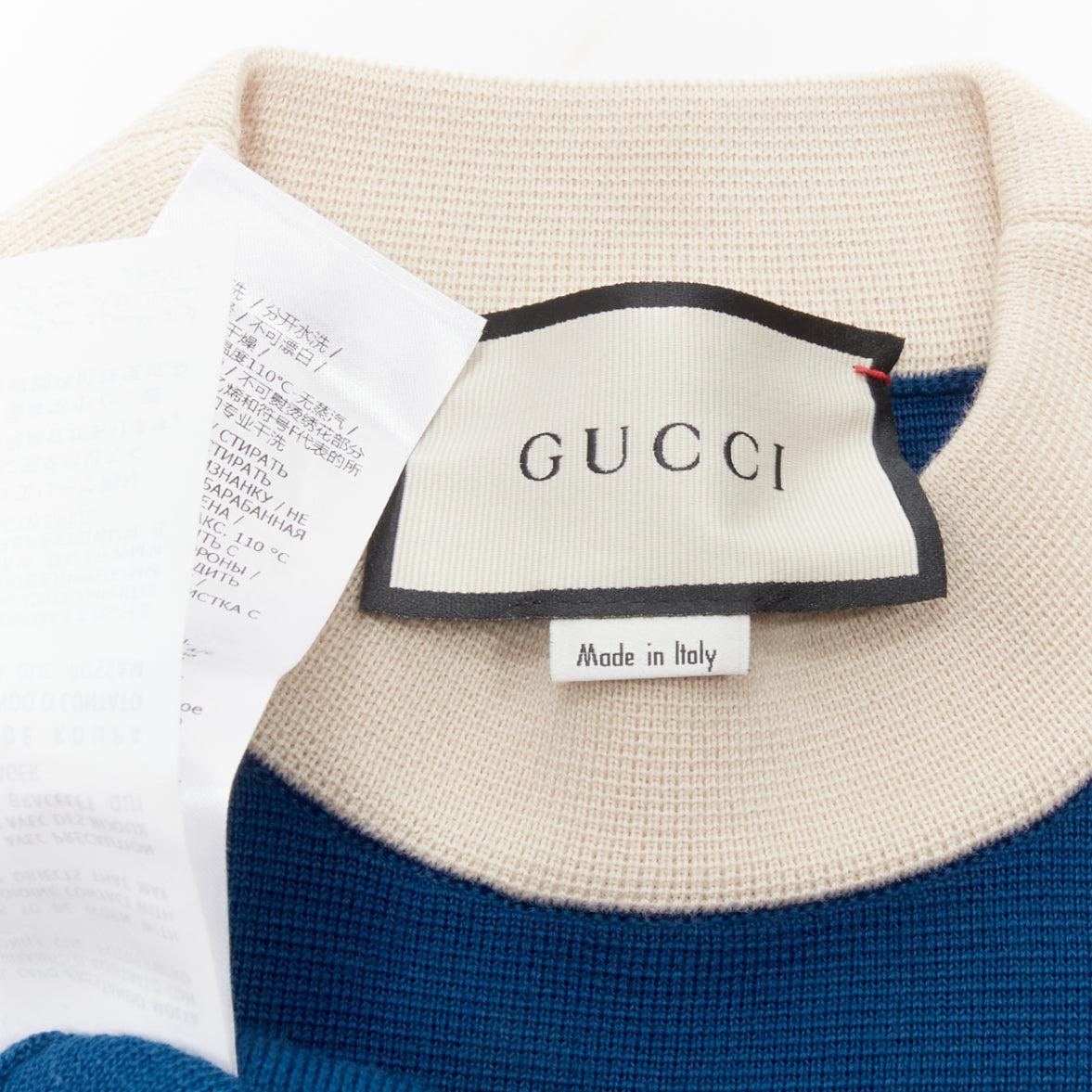 GUCCI 2023 blue cream 100% wool GG logo embroidery pocket mod dress XXS For Sale 3
