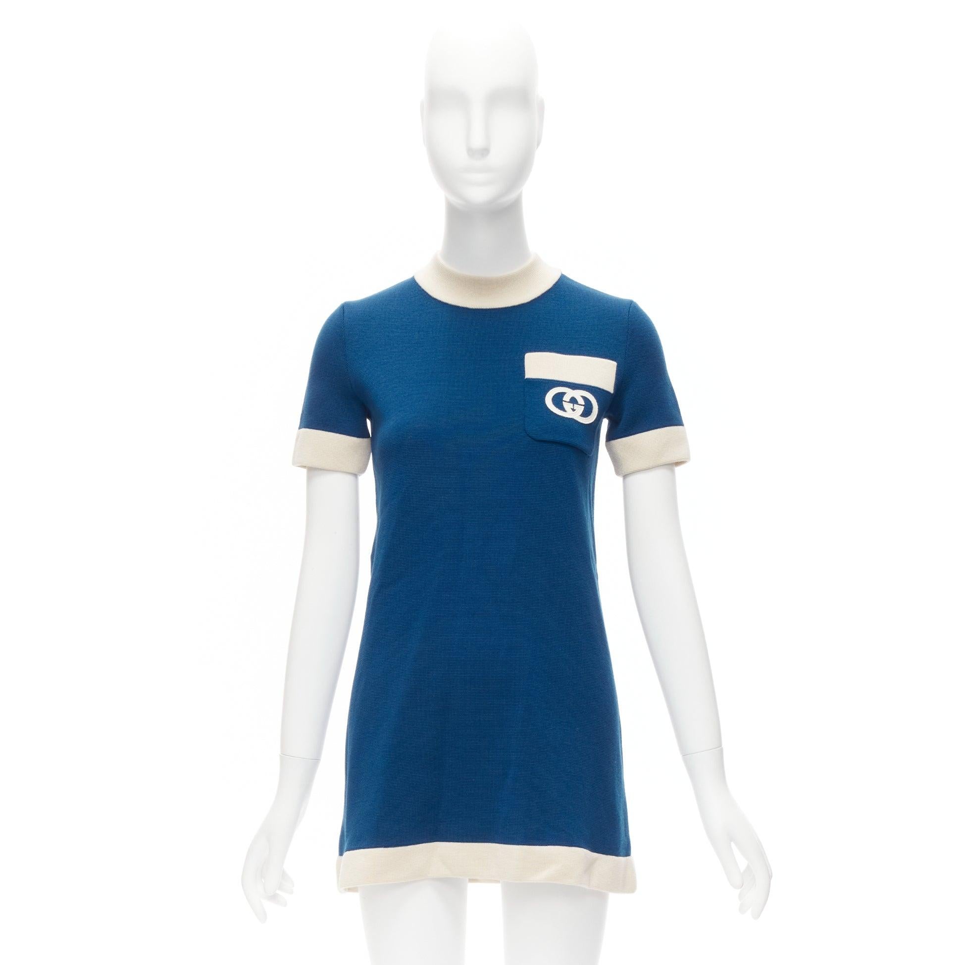 GUCCI 2023 blue cream 100% wool GG logo embroidery pocket mod dress XXS 4