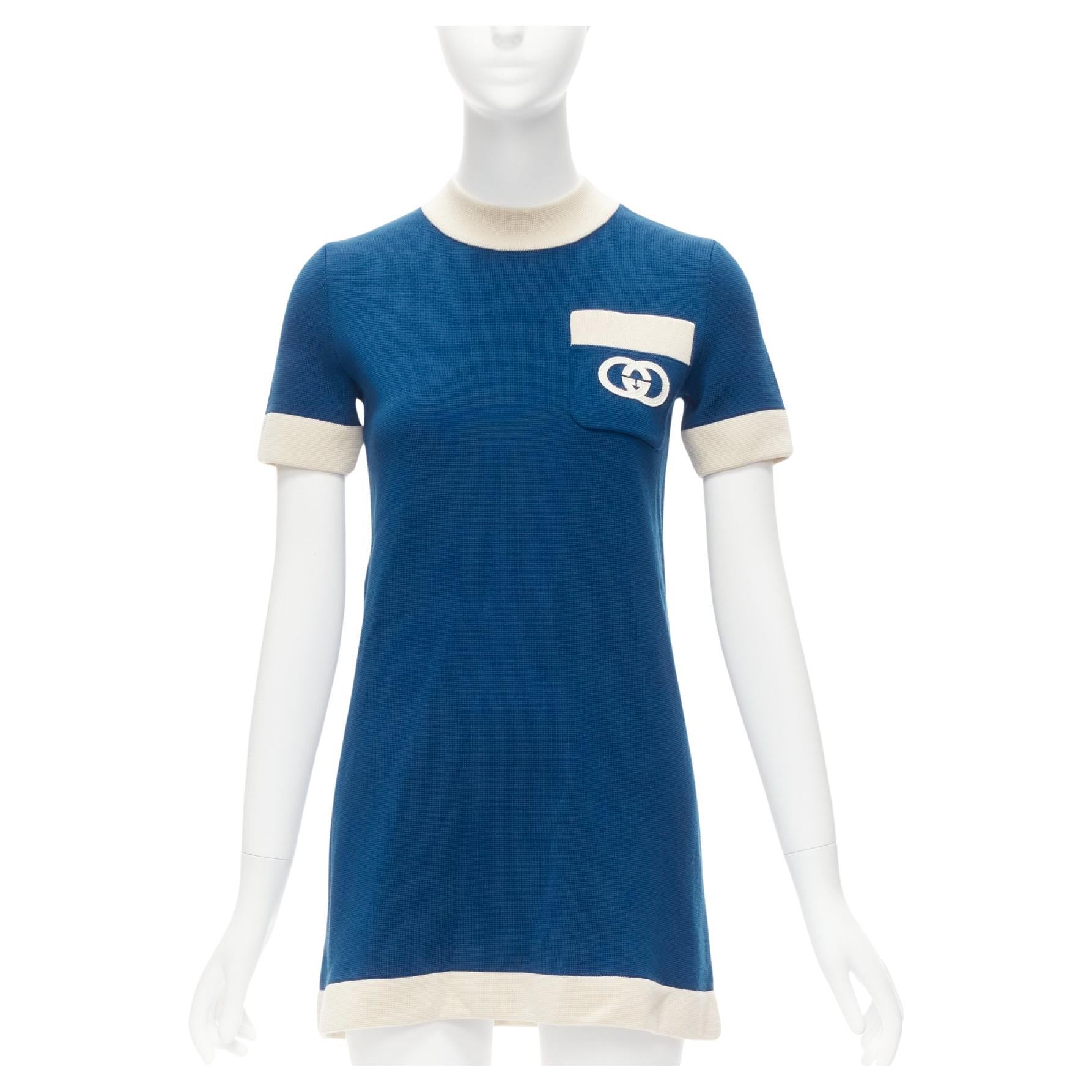 GUCCI 2023 blue cream 100% wool GG logo embroidery pocket mod dress XXS For Sale