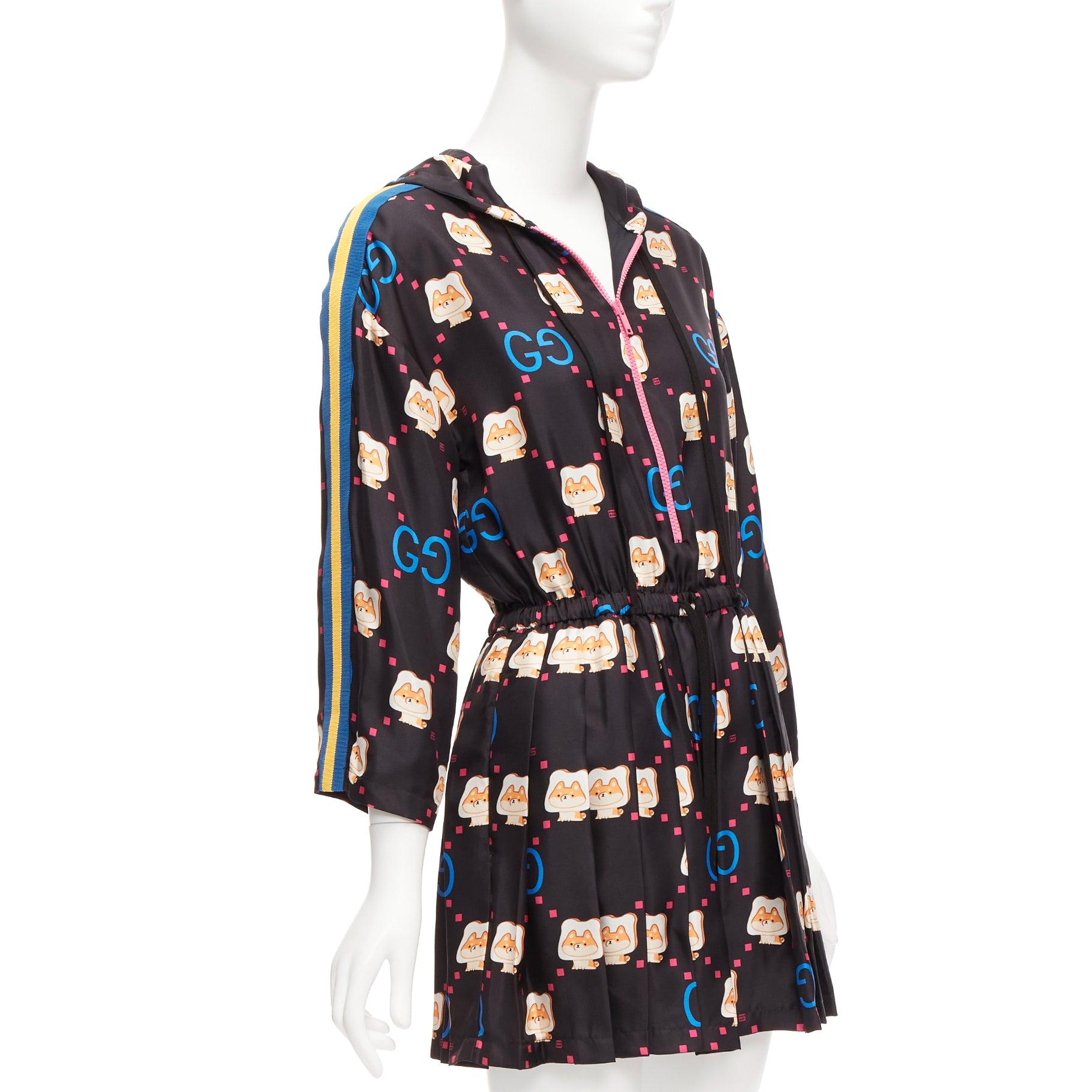 Black GUCCI 2023 Pikarar 100% silk black kawaii print pink zip pleats track dress XS