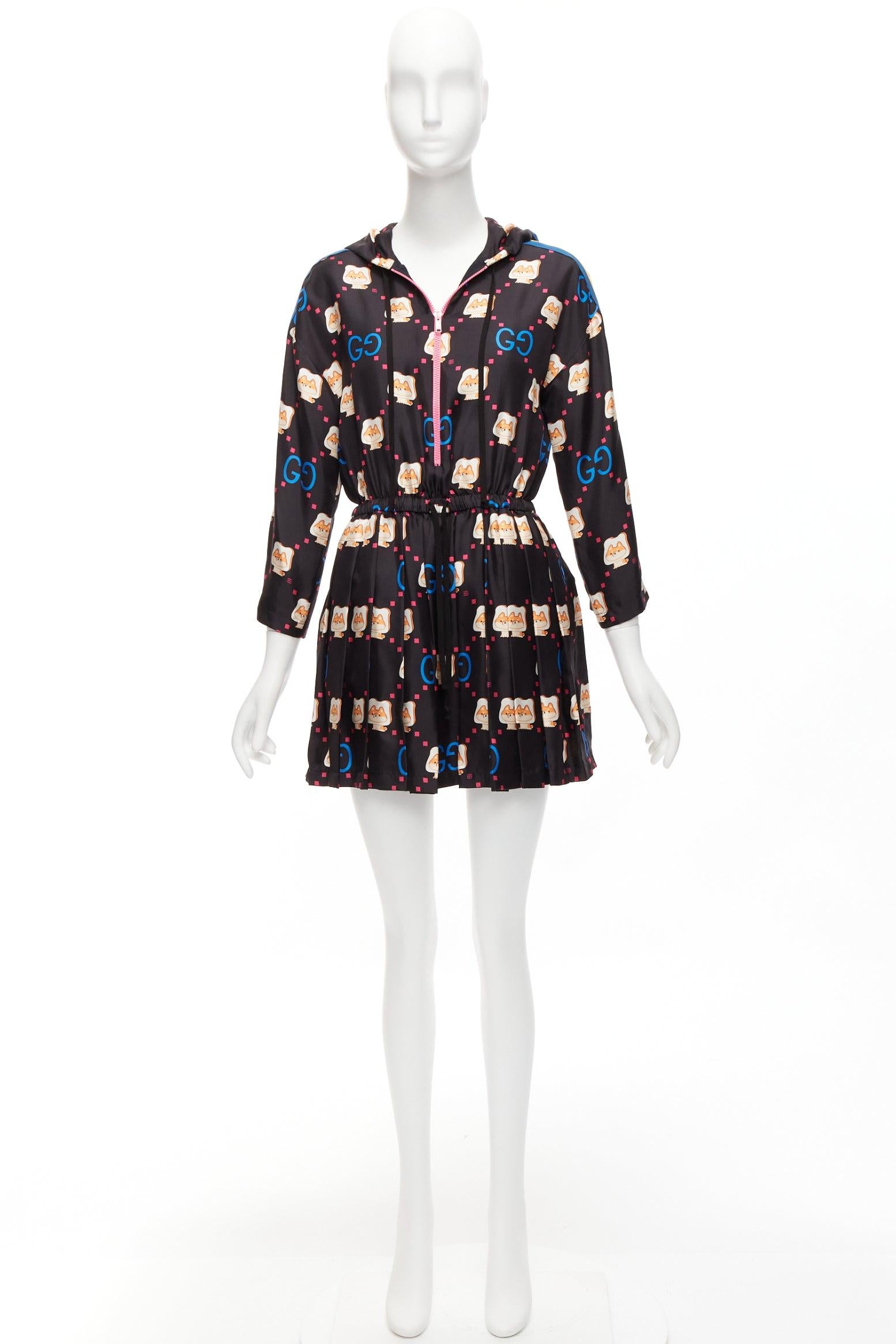 GUCCI 2023 Pikarar 100% silk black kawaii print pink zip pleats track dress XS 4