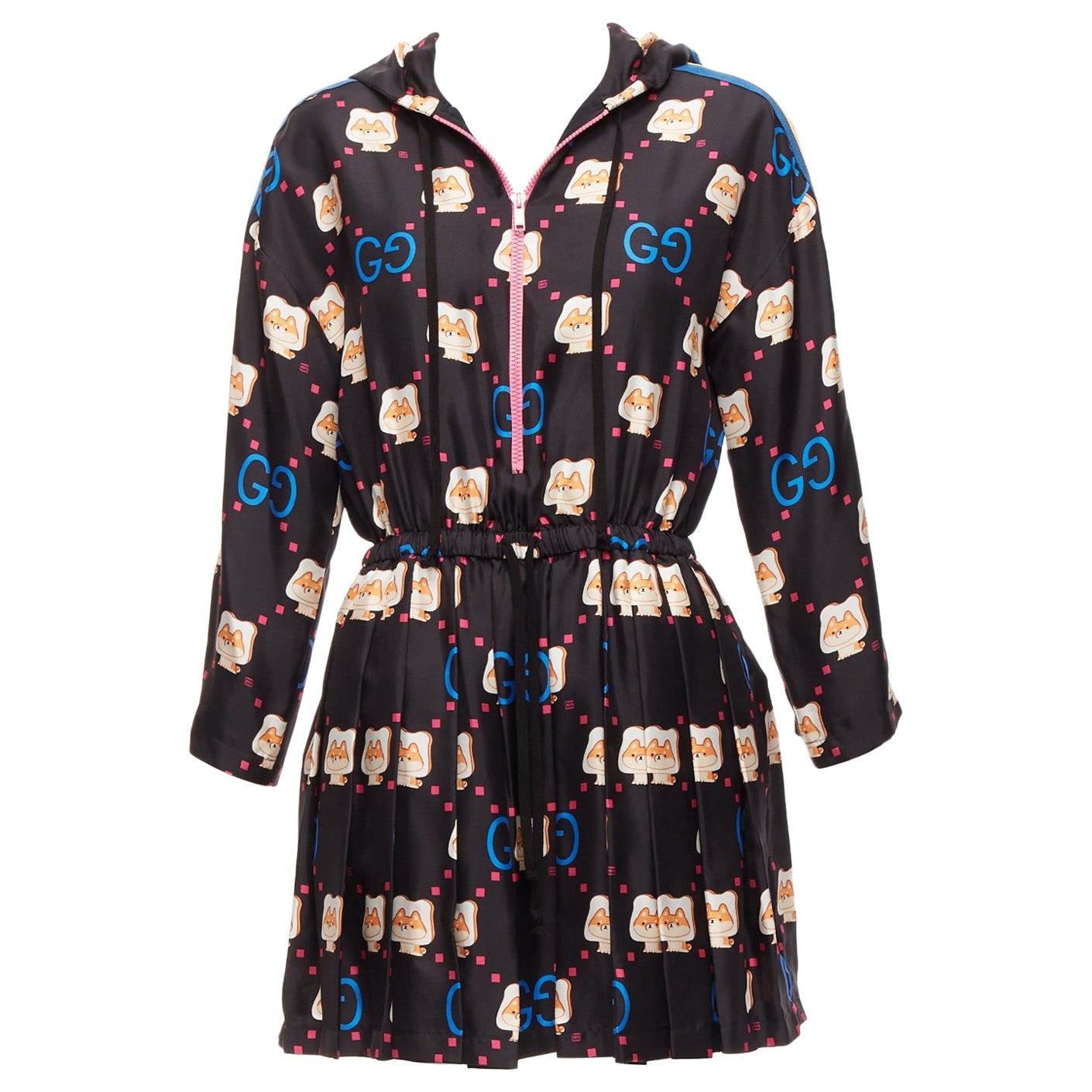 GUCCI 2023 Pikarar 100% silk black kawaii print pink zip pleats track dress XS