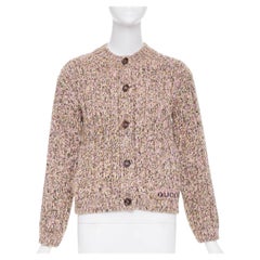 GUCCI 2023 pink beige melange cable wool knit logo patch cardigan sweater XS