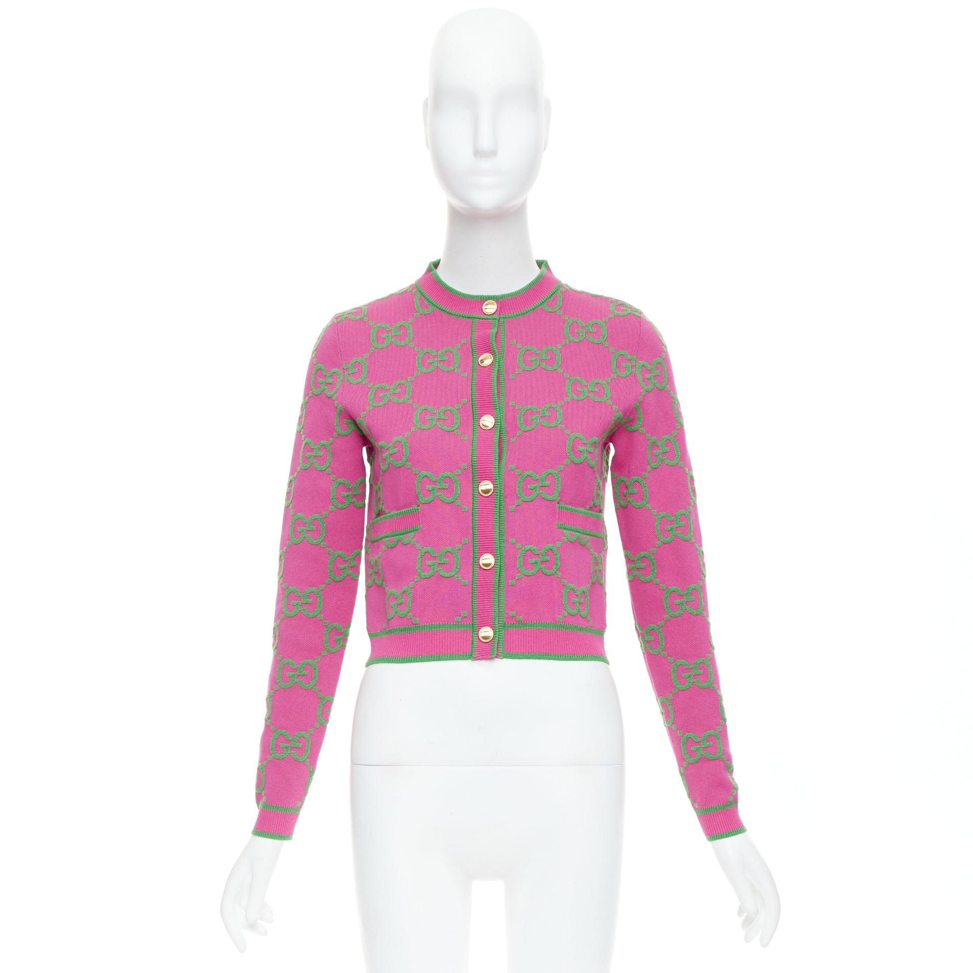 GUCCI 2023 rosa grüne Seidenmischung GG Jacquard-Crop-Strickjacke XS 5