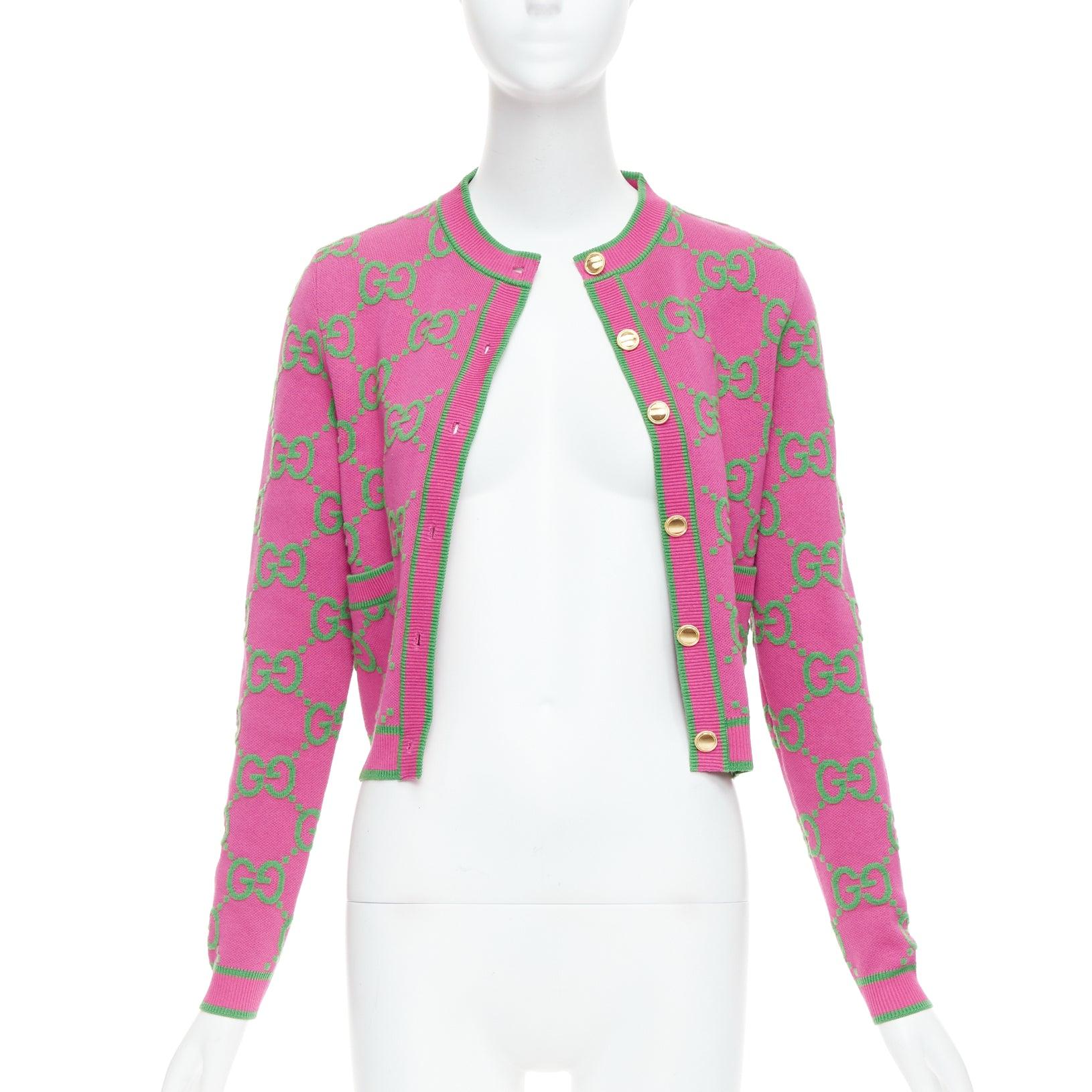 GUCCI 2023 rosa grüne Seidenmischung GG Jacquard-Crop-Strickjacke XS (Pink)