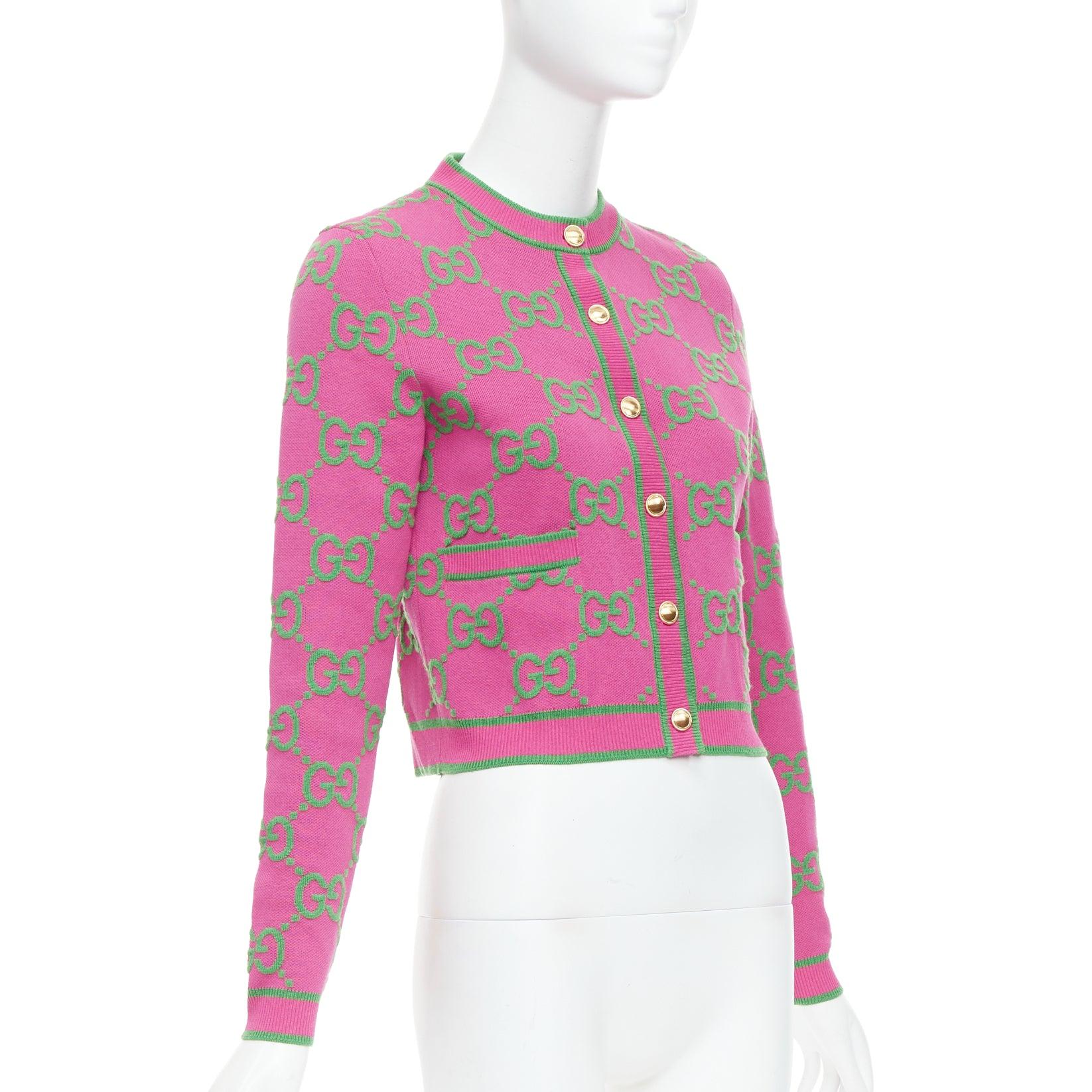 GUCCI 2023 rosa grüne Seidenmischung GG Jacquard-Crop-Strickjacke XS im Zustand „Hervorragend“ in Hong Kong, NT