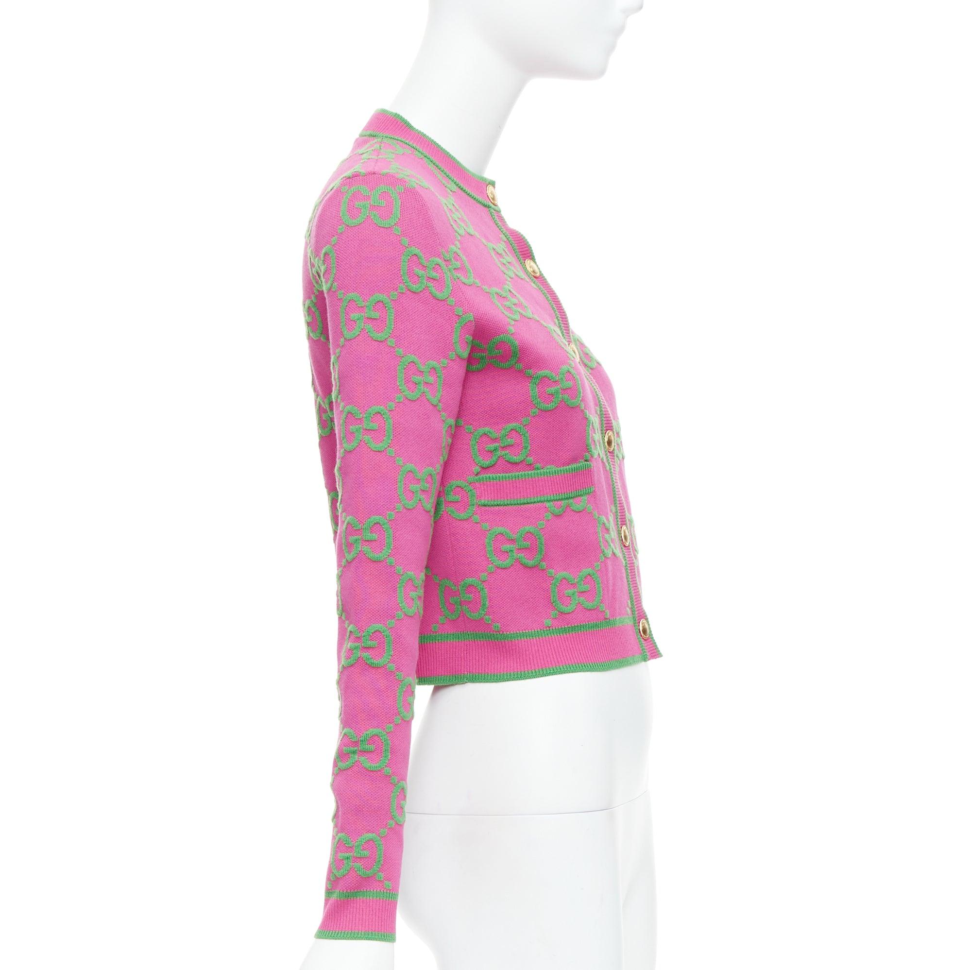 GUCCI 2023 rosa grüne Seidenmischung GG Jacquard-Crop-Strickjacke XS Damen