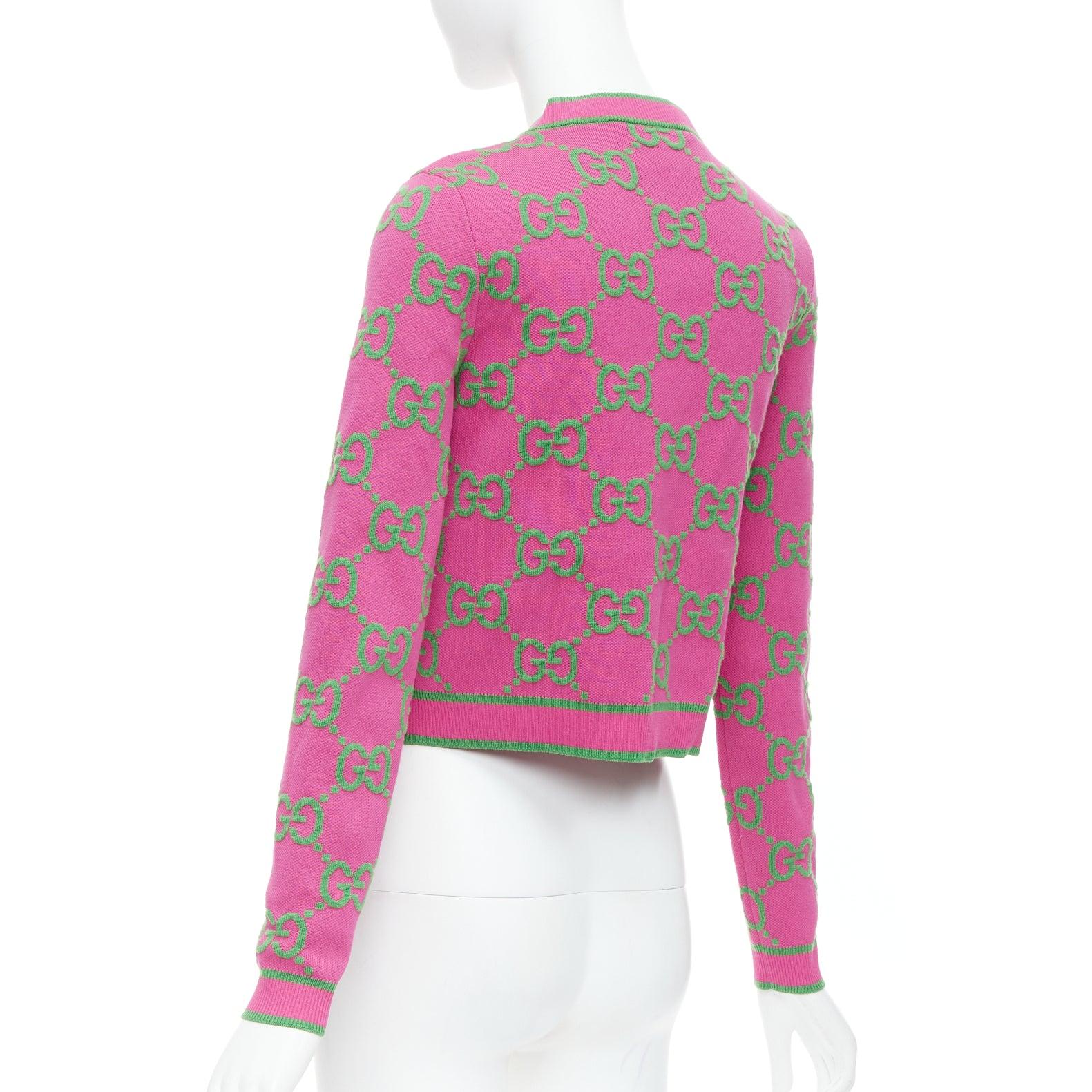 GUCCI 2023 rosa grüne Seidenmischung GG Jacquard-Crop-Strickjacke XS 2