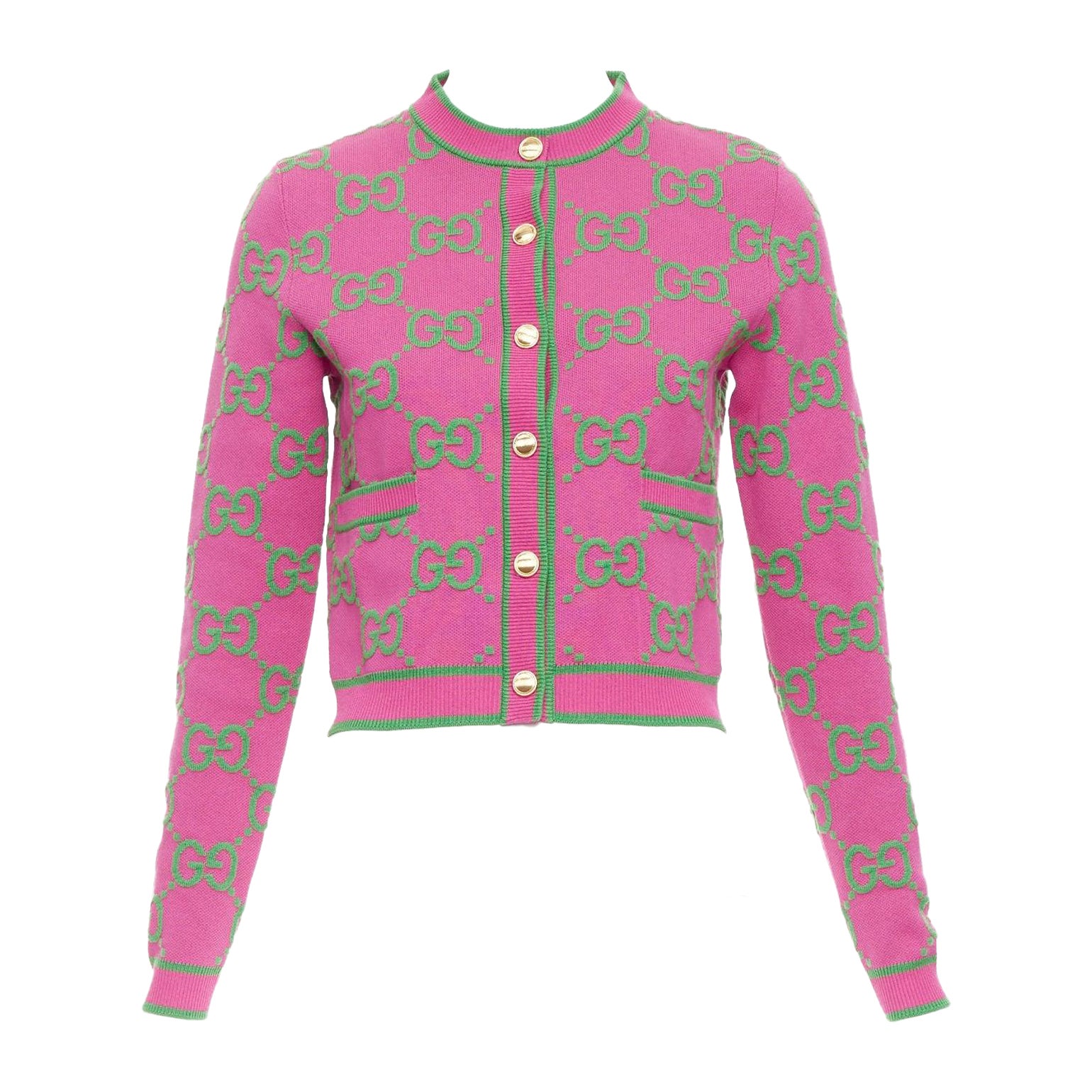 GUCCI 2023 pink green silk blend GG Jacquard crop cardigan XS