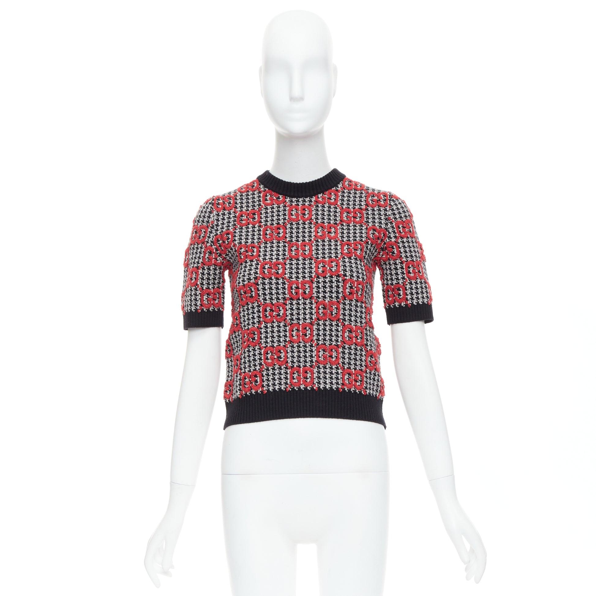 GUCCI 2023 red black Giant Monogram houndstooth intarsia crop sweater XS 5