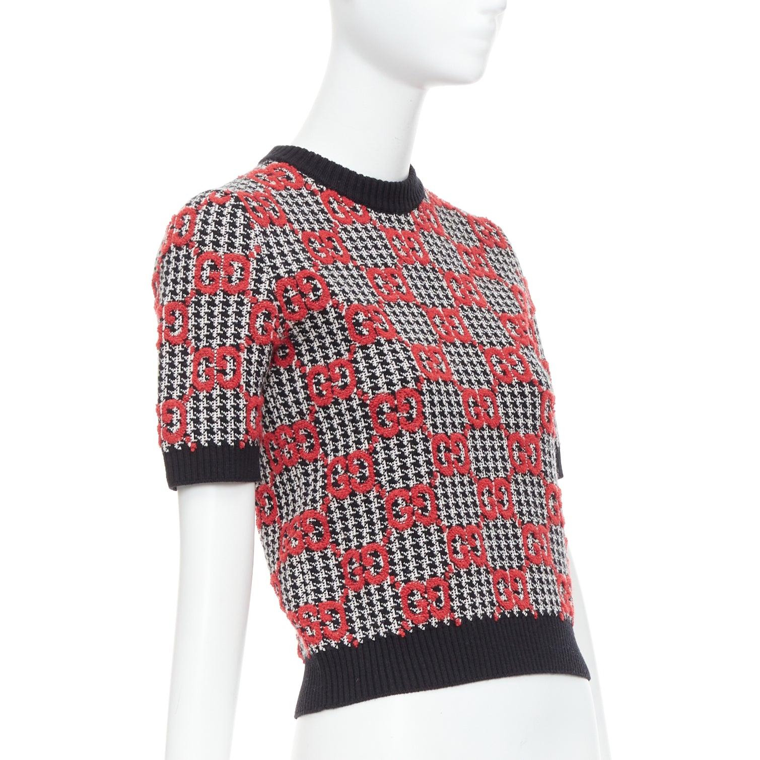 Pink GUCCI 2023 red black Giant Monogram houndstooth intarsia crop sweater XS