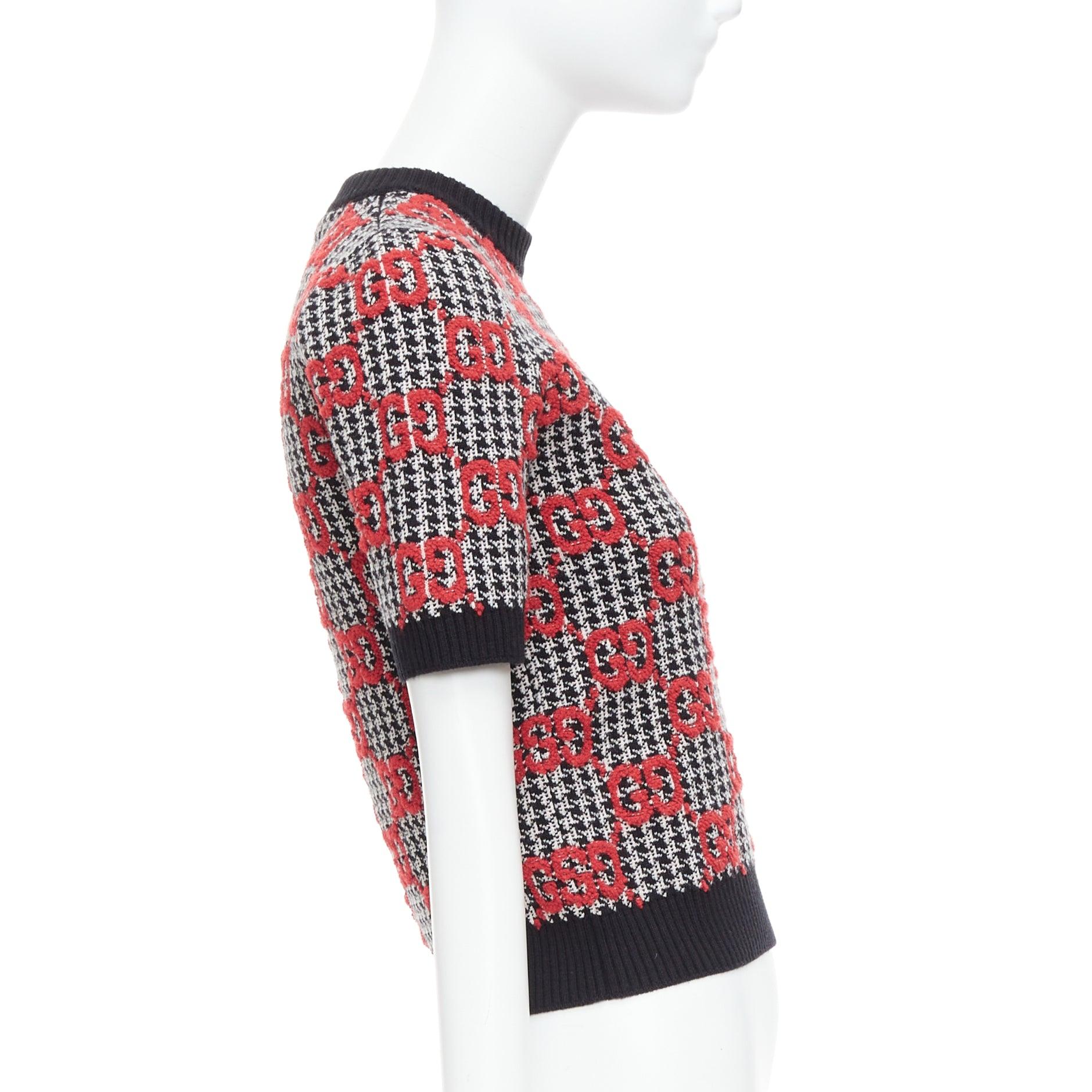 GUCCI 2023 red black Giant Monogram houndstooth intarsia crop sweater XS 1