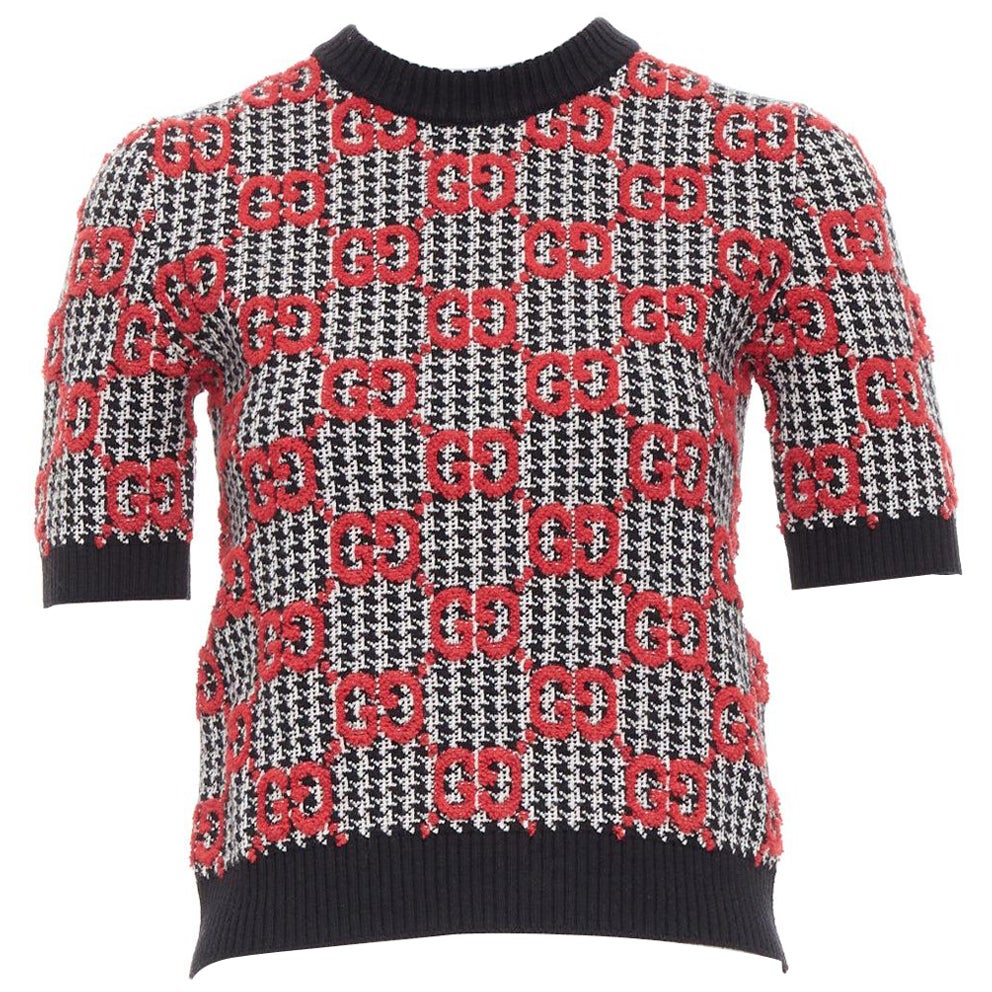 GUCCI 2023 red black Giant Monogram houndstooth intarsia crop sweater XS