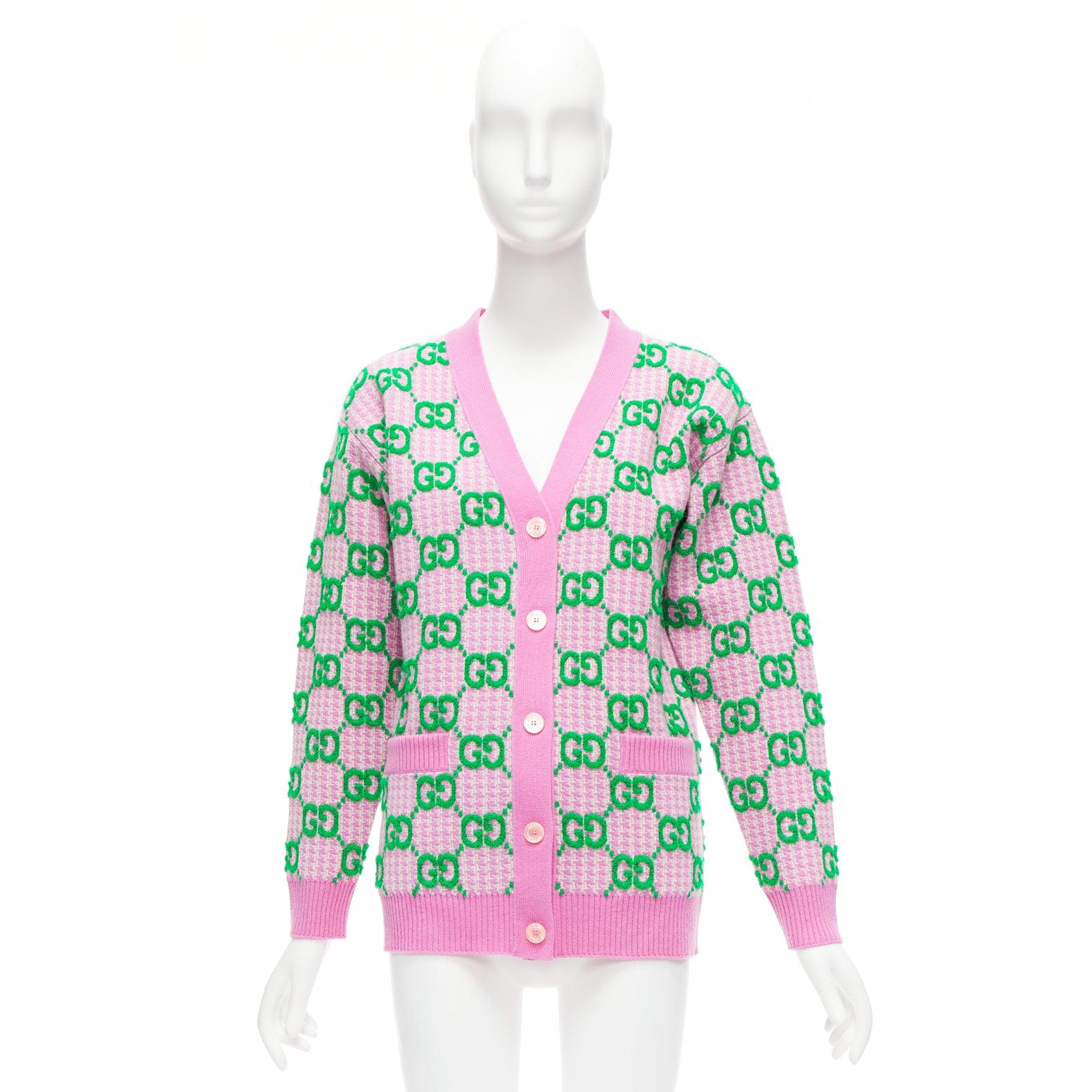 GUCCI 2023 wool pink green GG monogram jacquard oversized cardigan sweater XS 5
