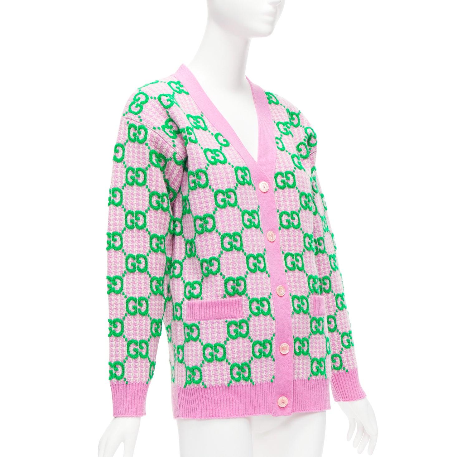 GUCCI 2023 wool pink green GG monogram jacquard oversized cardigan sweater XS In Excellent Condition In Hong Kong, NT