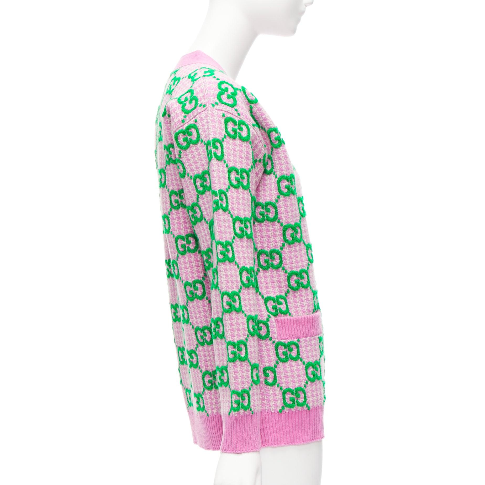 Women's GUCCI 2023 wool pink green GG monogram jacquard oversized cardigan sweater XS