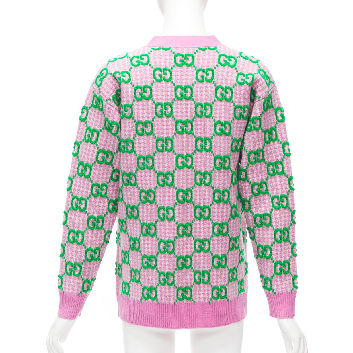 GUCCI 2023 wool pink green GG monogram jacquard oversized cardigan sweater XS 1