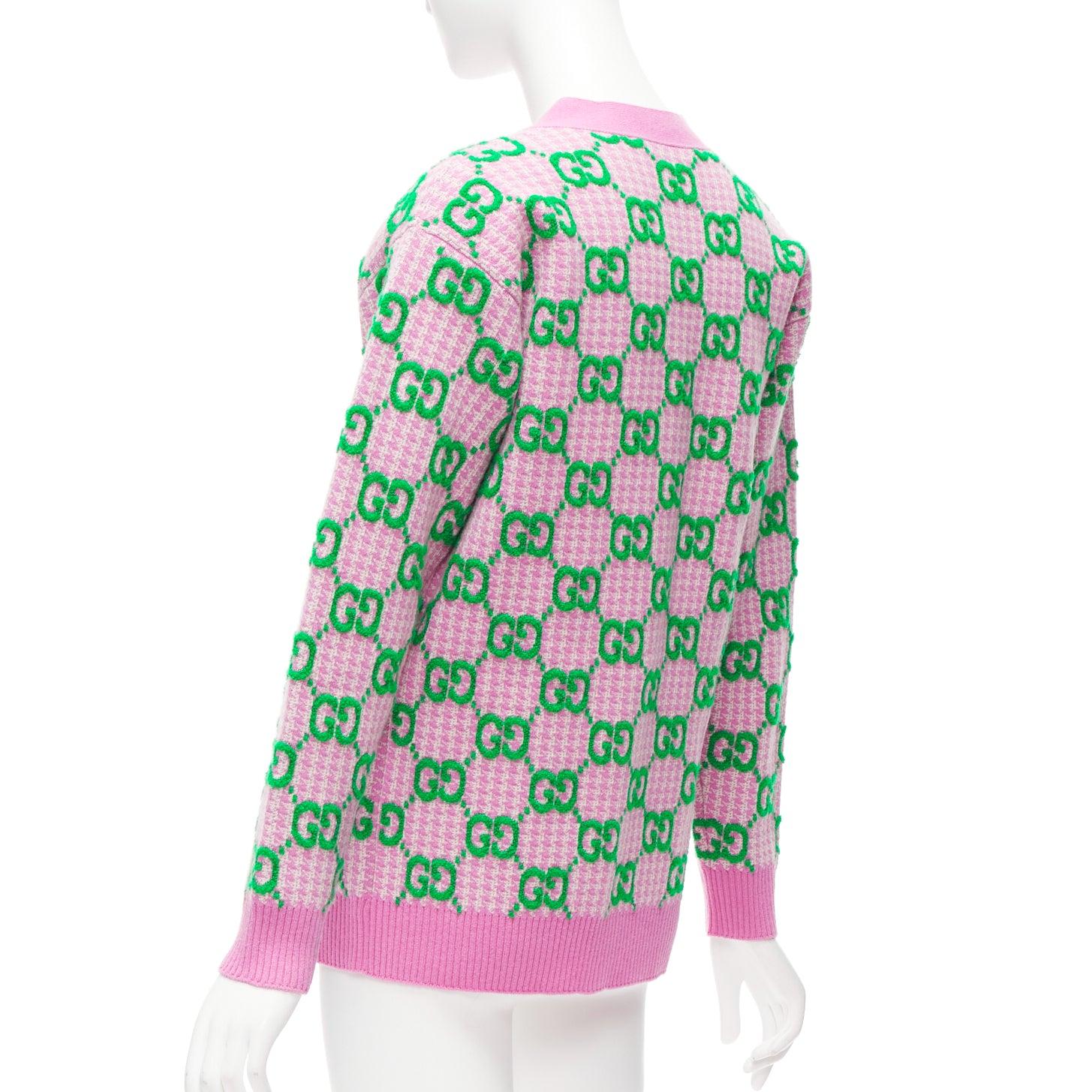 GUCCI 2023 wool pink green GG monogram jacquard oversized cardigan sweater XS 2