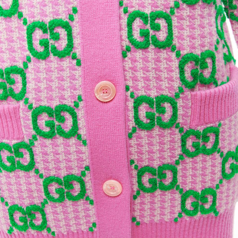 GUCCI 2023 wool pink green GG monogram jacquard oversized cardigan sweater XS 3