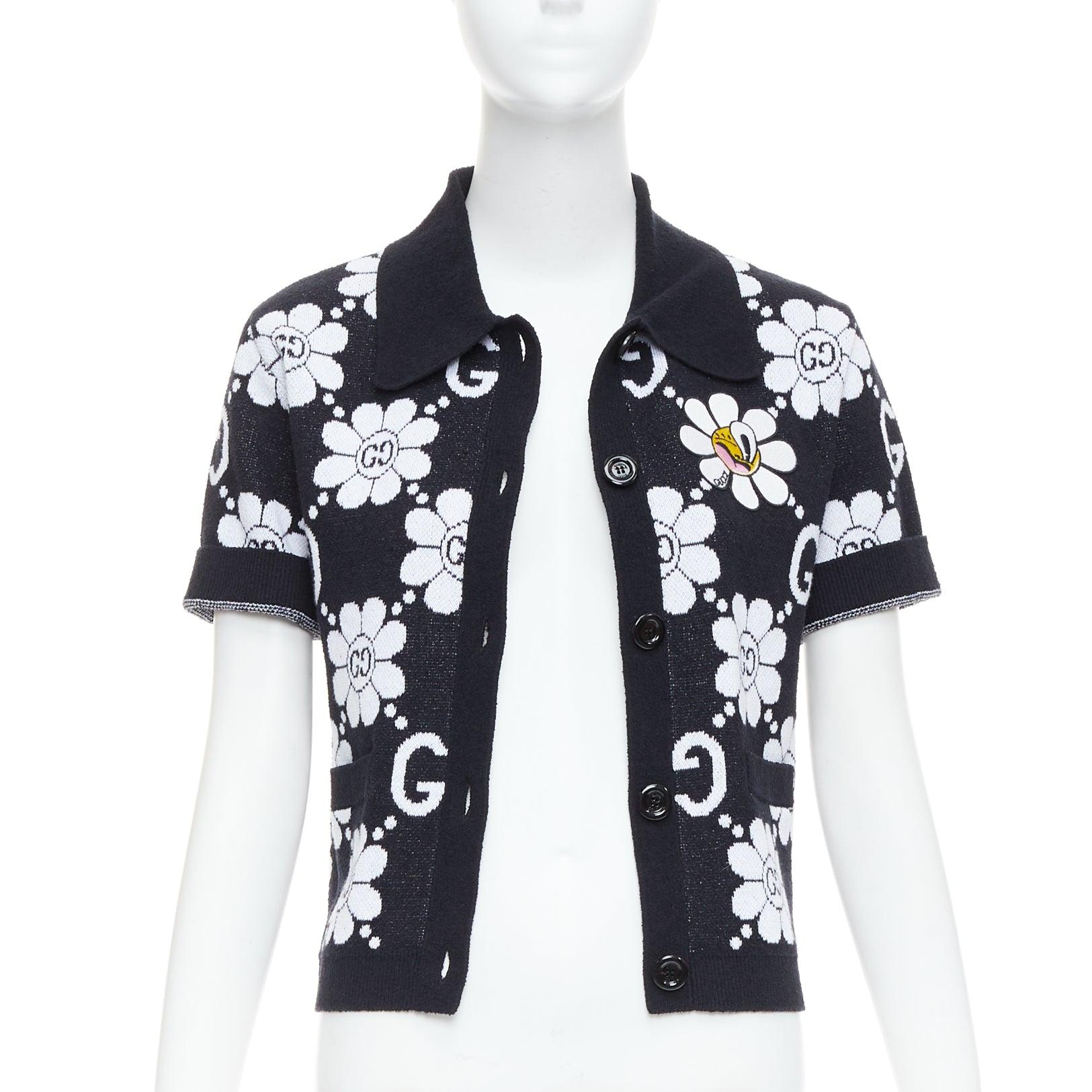 Black GUCCI 2024 black white cotton blend floral daisy knit polo cardigan S For Sale