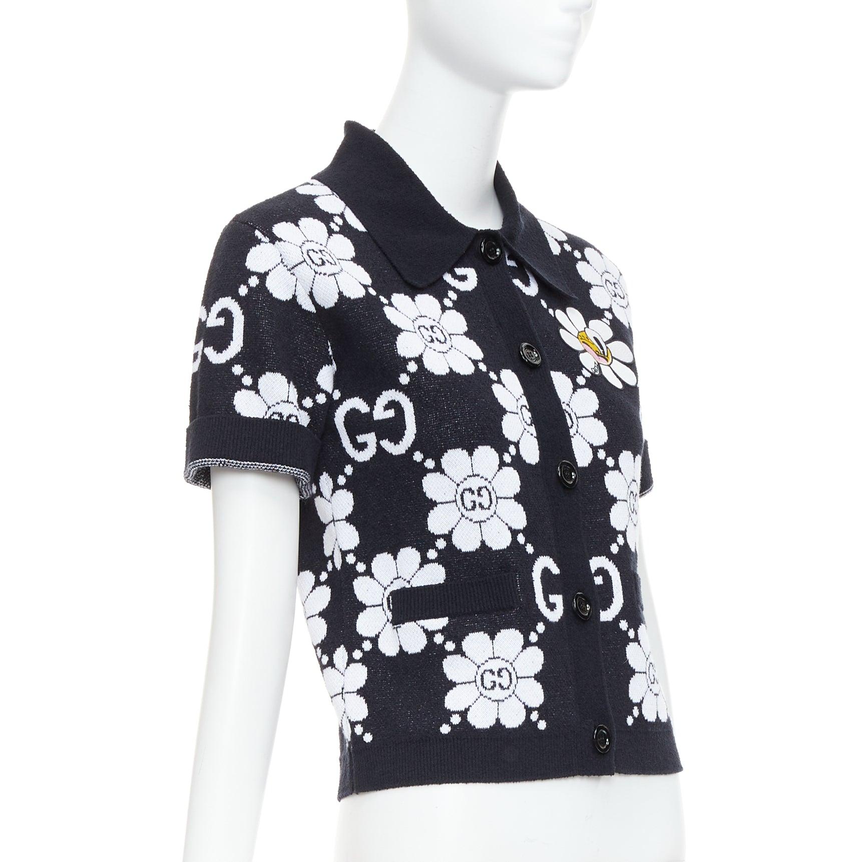 GUCCI 2024 black white cotton blend floral daisy knit polo cardigan S In Excellent Condition For Sale In Hong Kong, NT