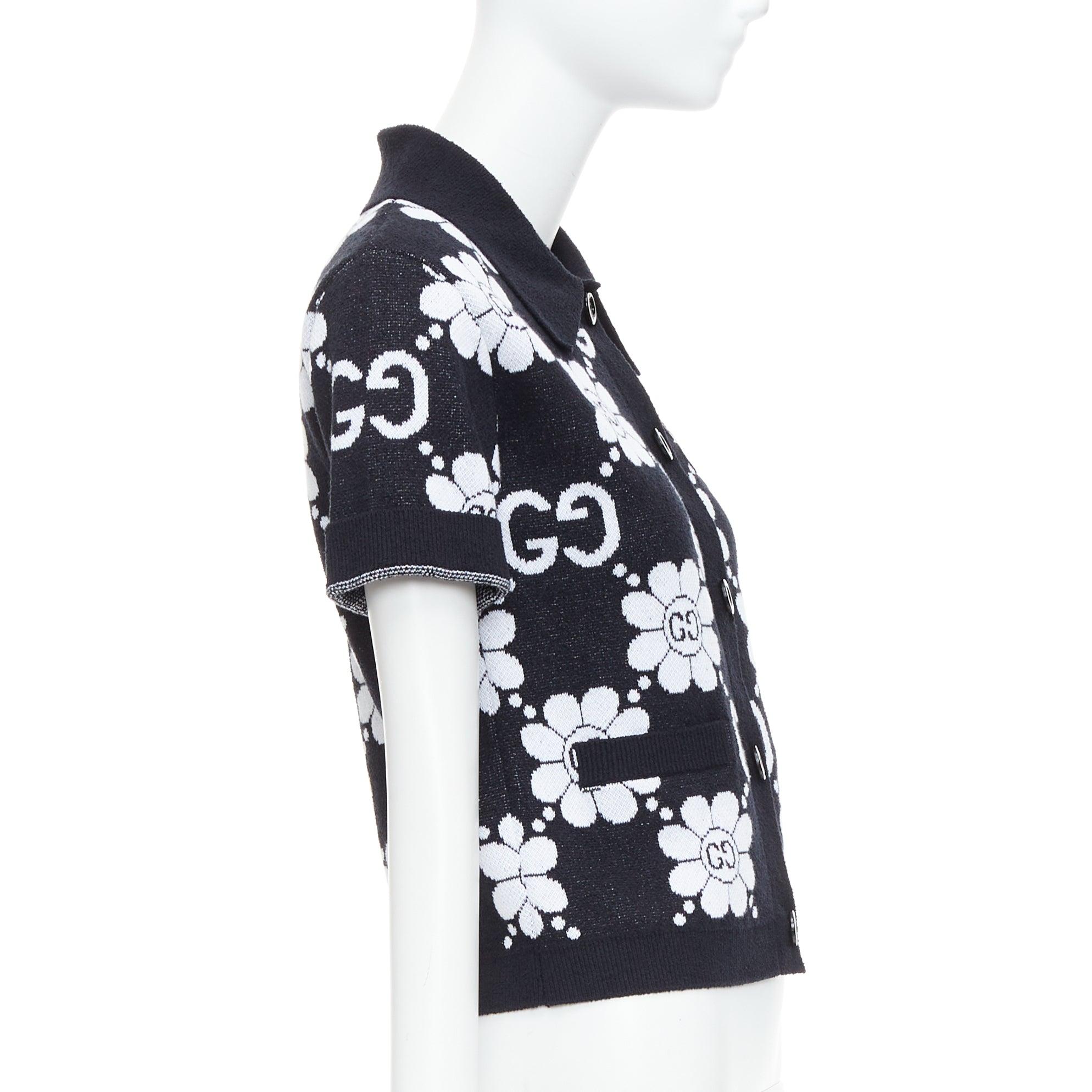 Women's GUCCI 2024 black white cotton blend floral daisy knit polo cardigan S For Sale
