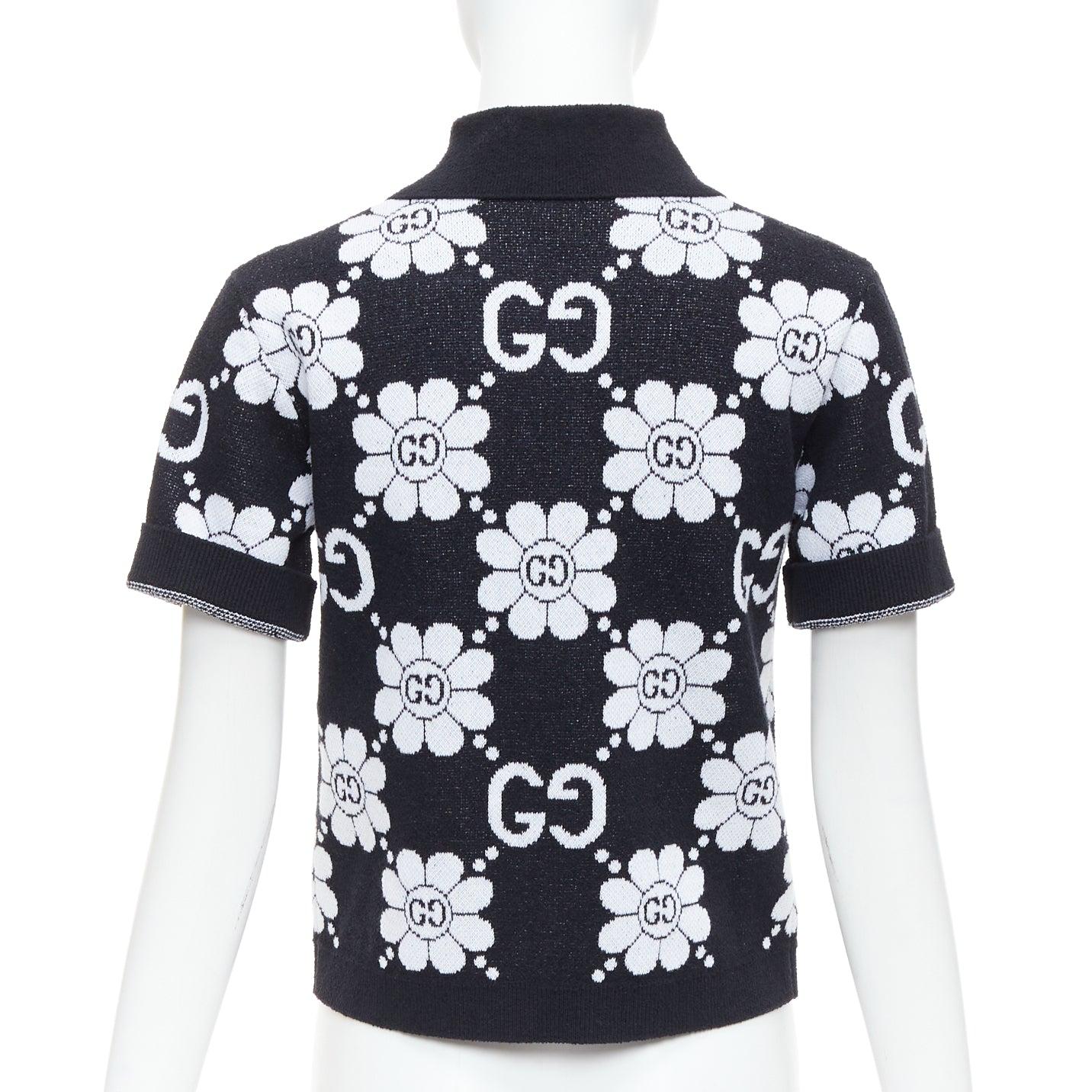 GUCCI 2024 black white cotton blend floral daisy knit polo cardigan S For Sale 1