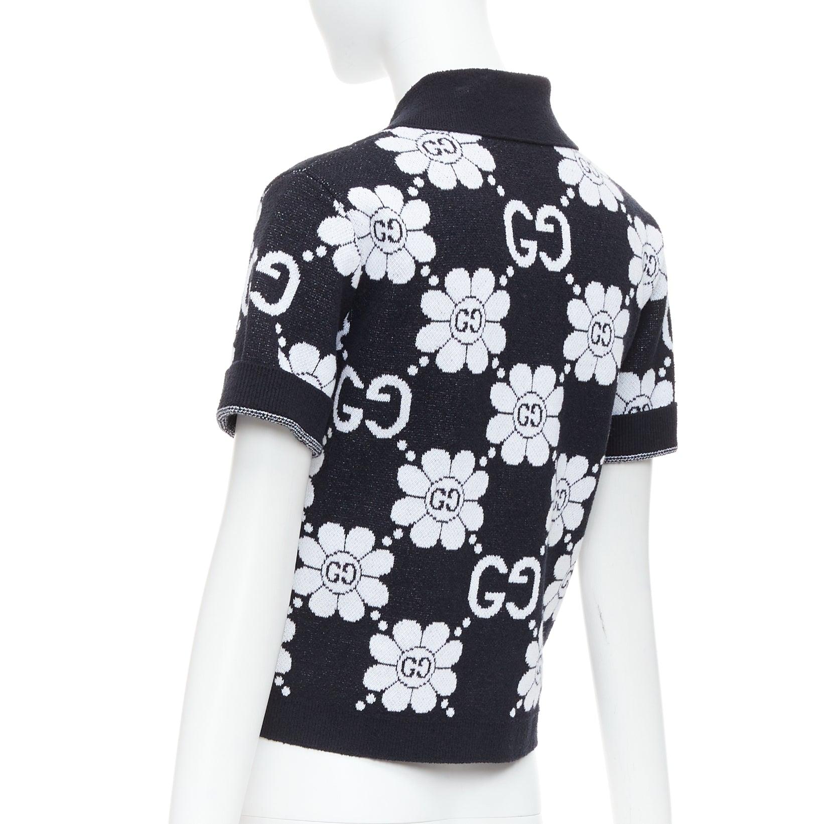 GUCCI 2024 black white cotton blend floral daisy knit polo cardigan S For Sale 2