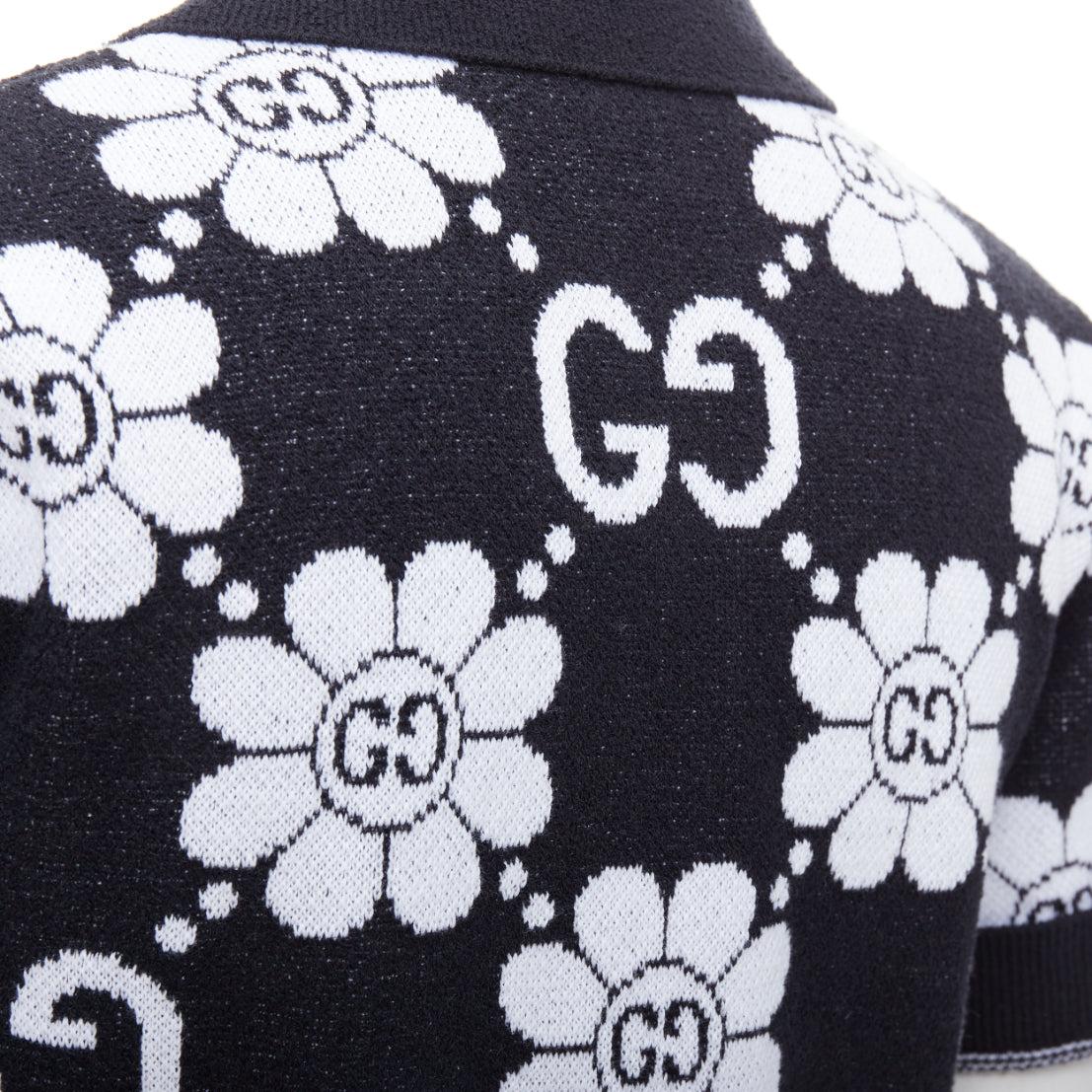 GUCCI 2024 black white cotton blend floral daisy knit polo cardigan S For Sale 3