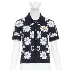 GUCCI 2024 schwarz weiß Baumwollmischung Gänseblümchen stricken Polo Cardigan S