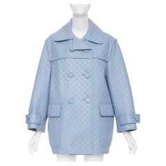 GUCCI 2024 Runway All Over Embossed GG Button Split Back blue leather coat IT38