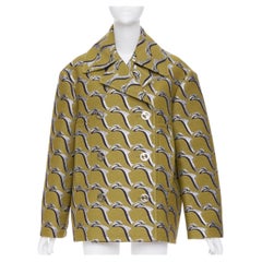 GUCCI 2024 Runway green silver Heron bird jacquard double breasted peacoat IT40