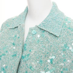 GUCCI 2024 Tweed Blend Polo acid turquoise sequin knit cardigan S