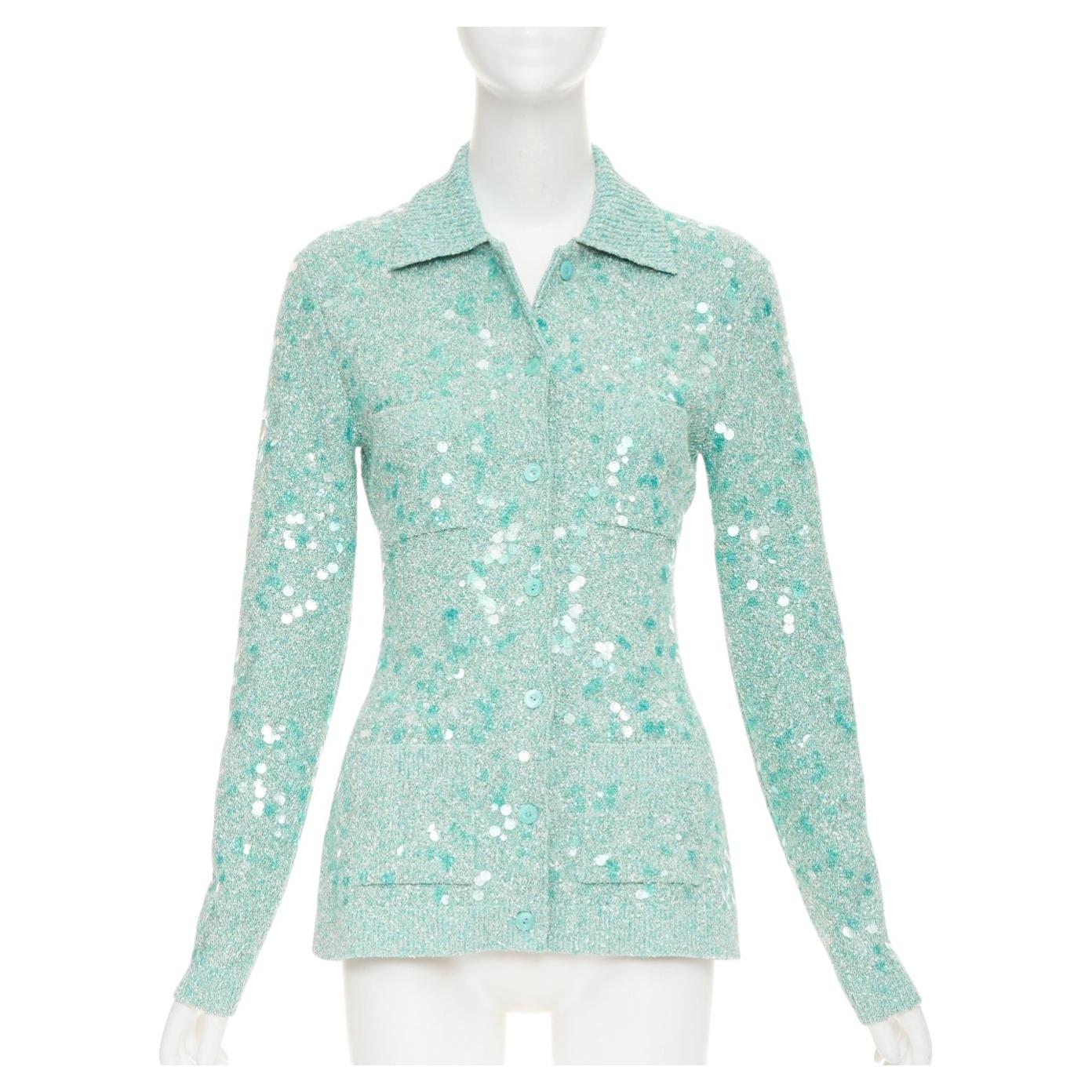 Pre-owned Gucci 2024 Tweed Blend Polo Acid Turquoise Sequin Knit Cardigan S In Blue