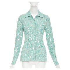 GUCCI 2024 Tweed Blend Polo acid turquoise sequin knit cardigan S