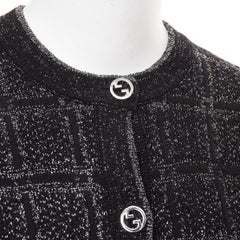 GUCCI 2025, schwarzer, silbermetallic-farbener Cardigan mit Karomuster und Vintage-GG-Knöpfen, Größe XS