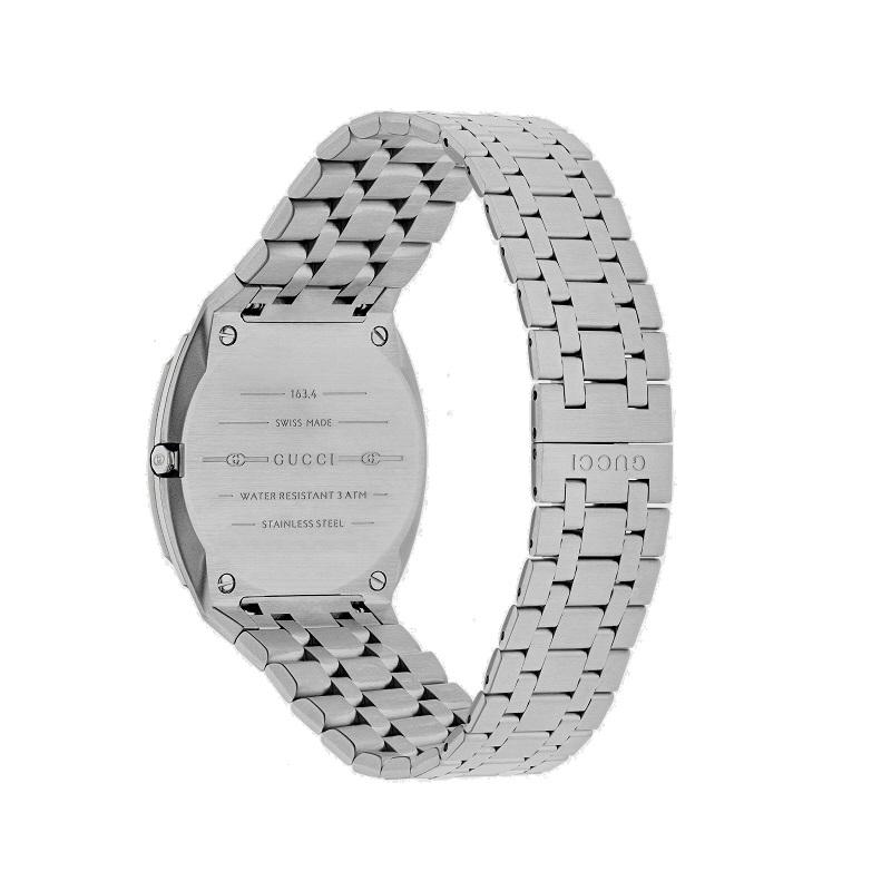 34mm stainless steel multi-layered case, silver brass dial with Interlocking G motif, five link stainless steel bracelet
3 ATM (30 meters/98 feet)
Sapphire glass with antireflective coating
Quartz movement
YA163402