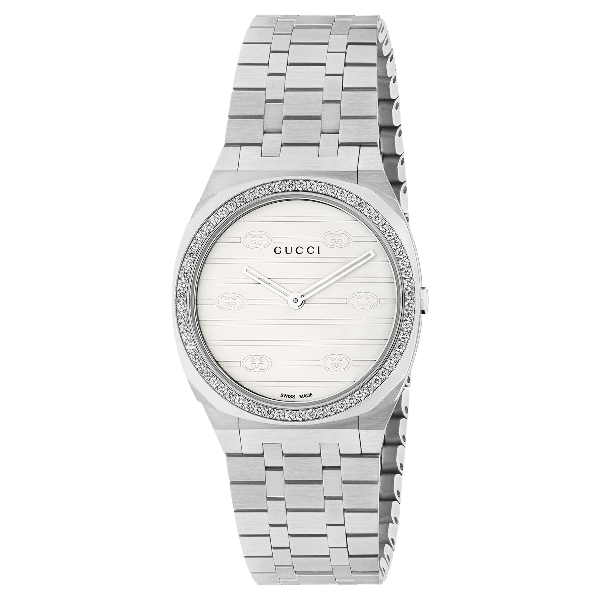 Gucci 25H Diamond Bezel and Stainless Steel Bracelet Watch YA163503 For Sale