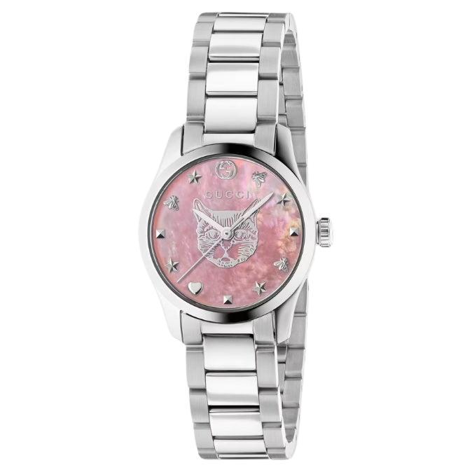 Gucci Pink Mother of Pearl Dial with Feline Head Motif Watch YA1265013 For Sale