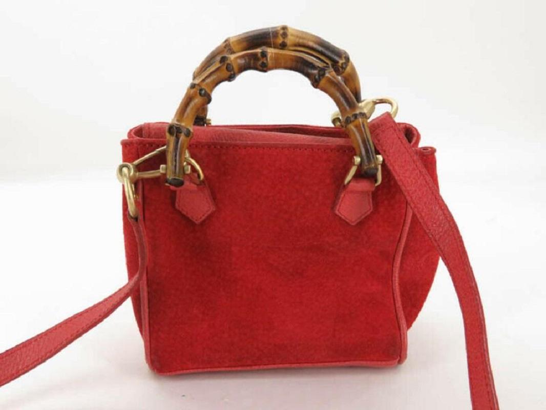 Gucci 2way Bamboo Shopper Tote 870304 Red Suede Leather Satchel 4