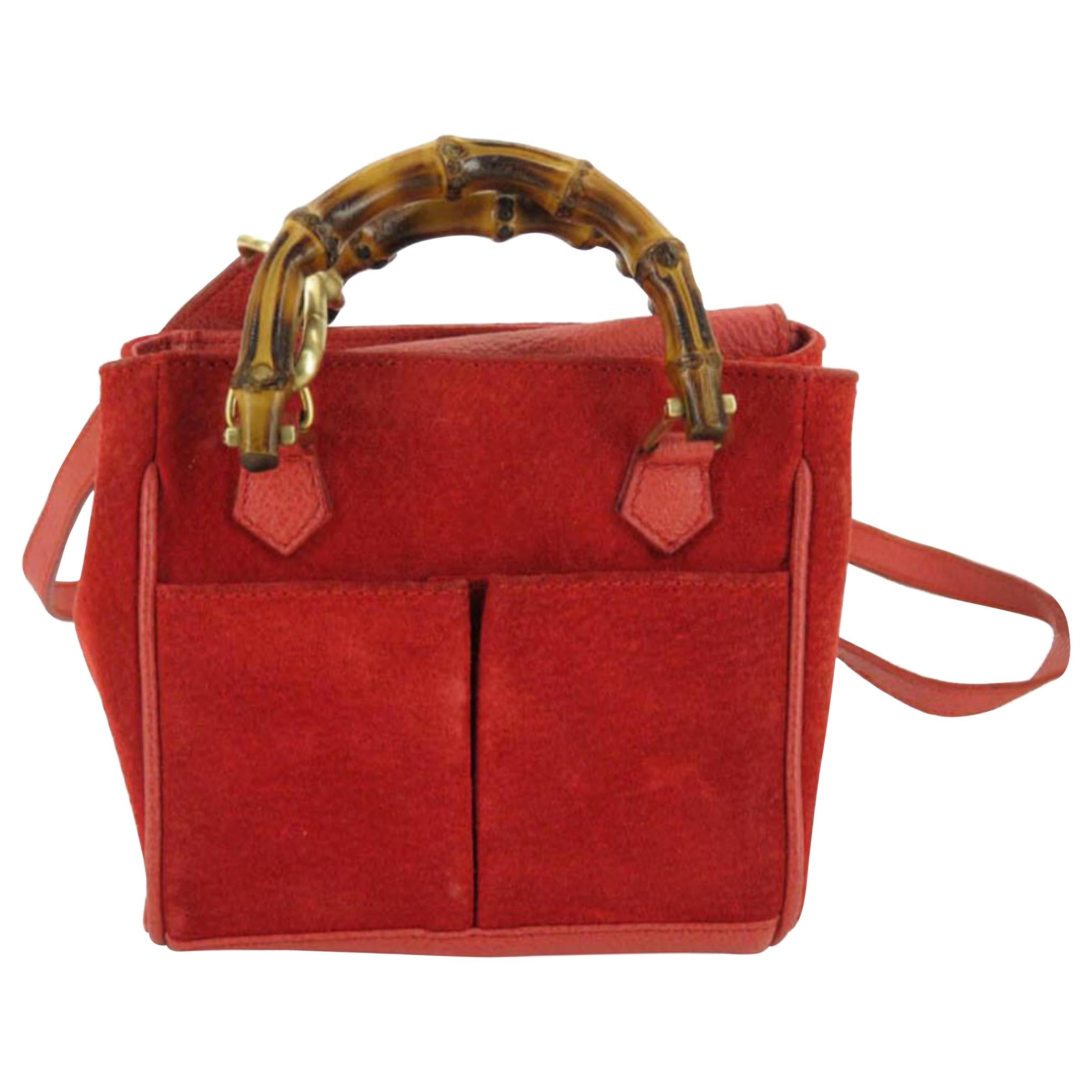 Gucci 2way Bamboo Shopper Tote 870304 Red Suede Leather Satchel For Sale