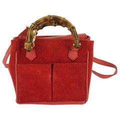 Gucci 2way Bamboo Shopper Tote 870304 Red Suede Leather Satchel