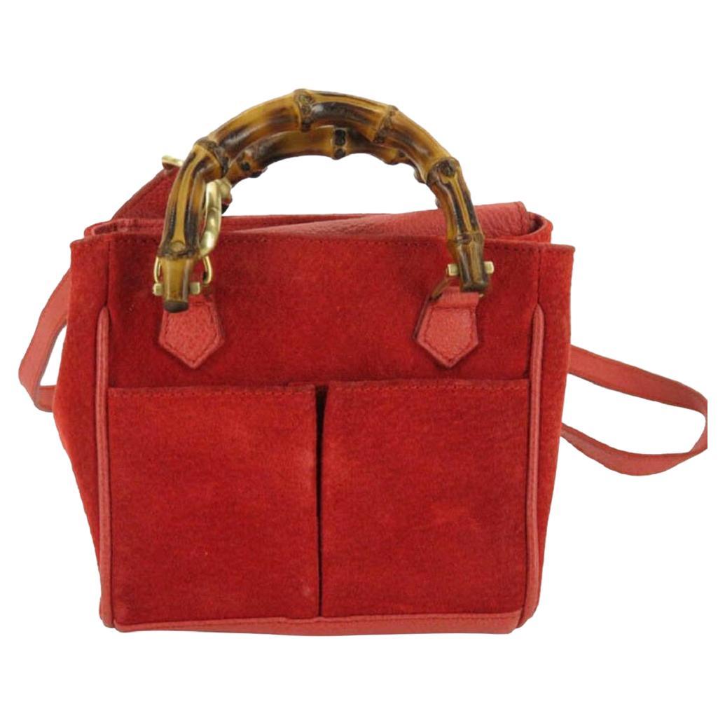 Gucci 2way Bamboo Shopper Tote 870304 Red Suede Leather Satchel