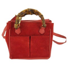 Gucci 2way Bamboo Shopper Tote 870304 Red Suede Leather Satchel