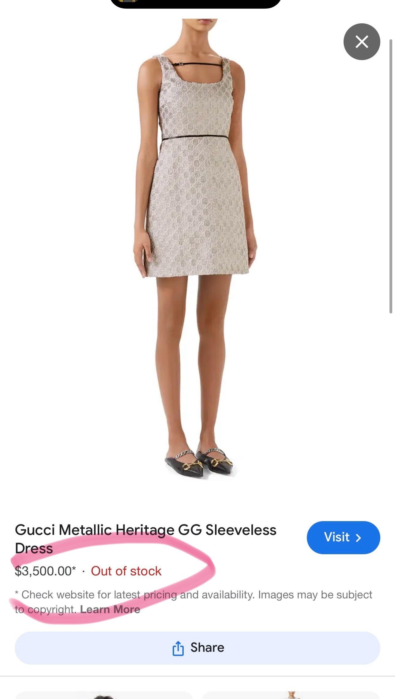 Stunning GUCCI GG Logo metallic brocade dress with logo black straps at front. Boutique price 3,500$
Size mark 38 IT. Condition is pristine.