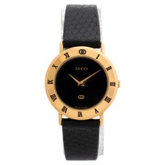 Gucci 3000.2.L Dress Watch, Black Leather, Gold Plated, Iconic Design, 1990