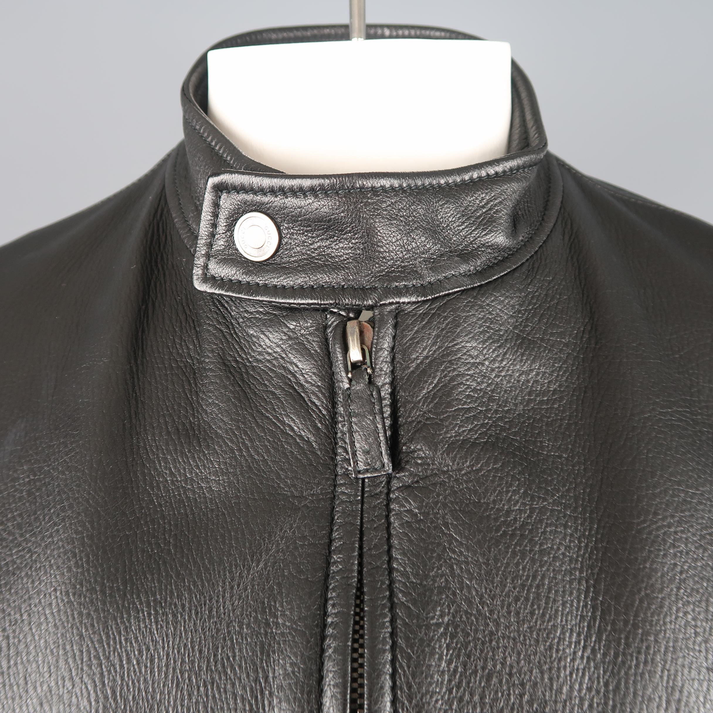 GUCCI 42 Black Textured Leather Zip Up Band Collar Motorcycle Jacket at ...