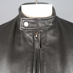 GUCCI 42 Black Textured Leather Zip Up Band Collar Motorcycle Jacket